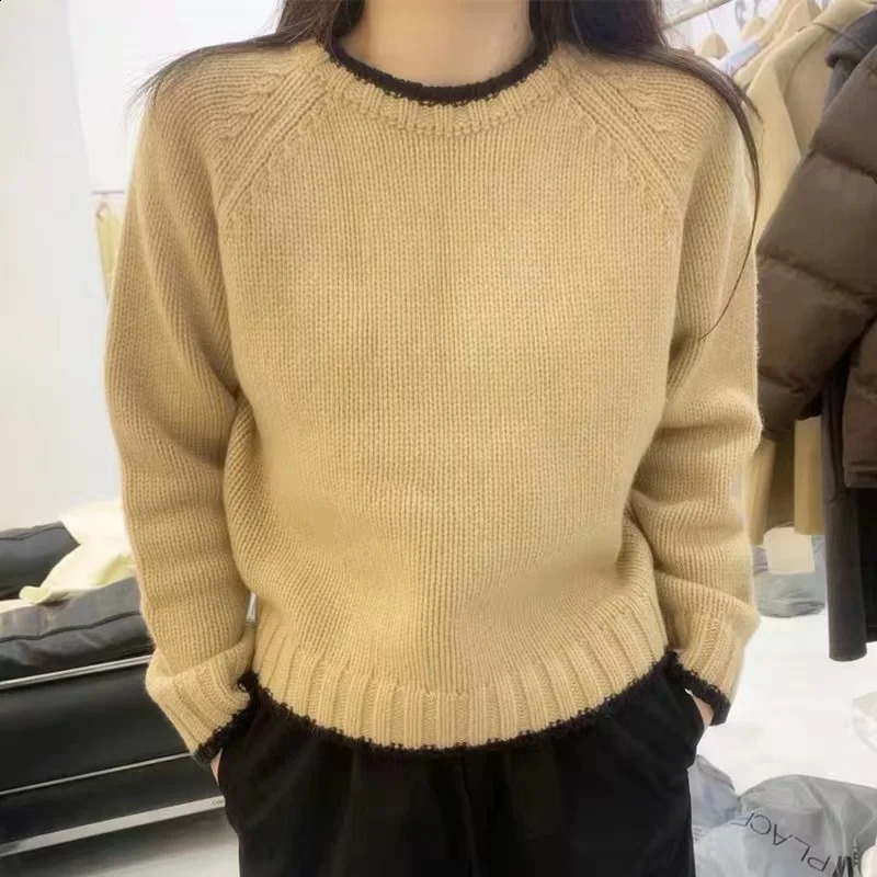Fashion matching color round neck cashmere sweater womens autumn/winter Korean version thick wood bottom sweater loose sweater knitted 240829