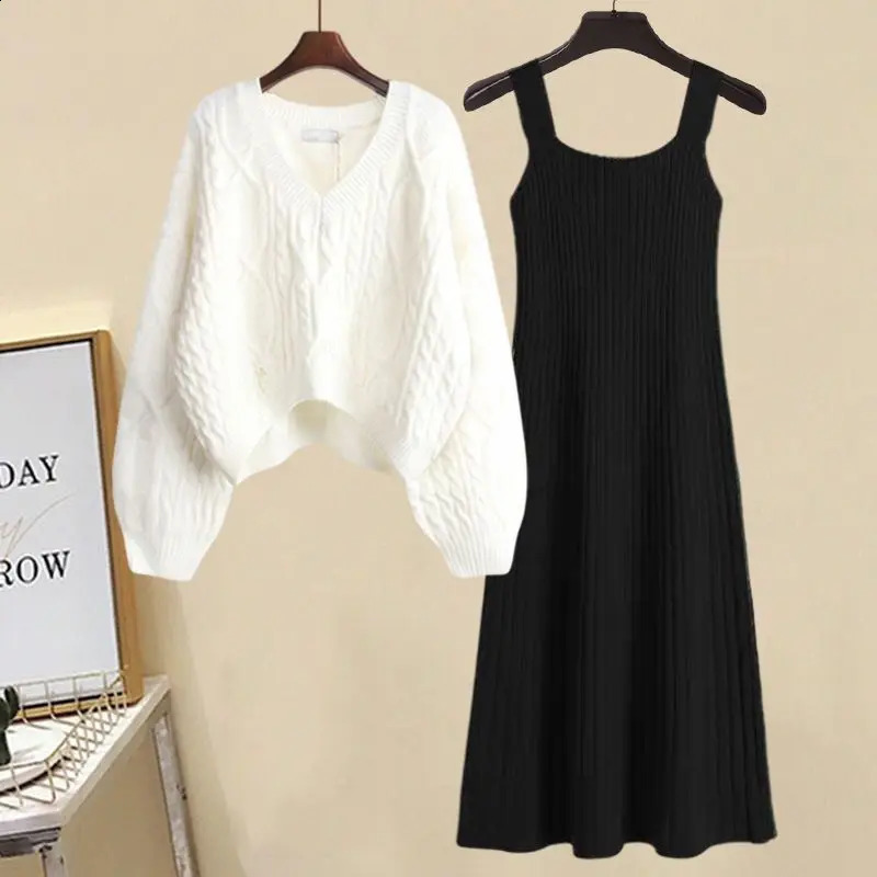 Autumn/Winter Korean Elegant Matching Set Womens Fashion Knit Sweater Strap Dress Two Piece Suit 240829