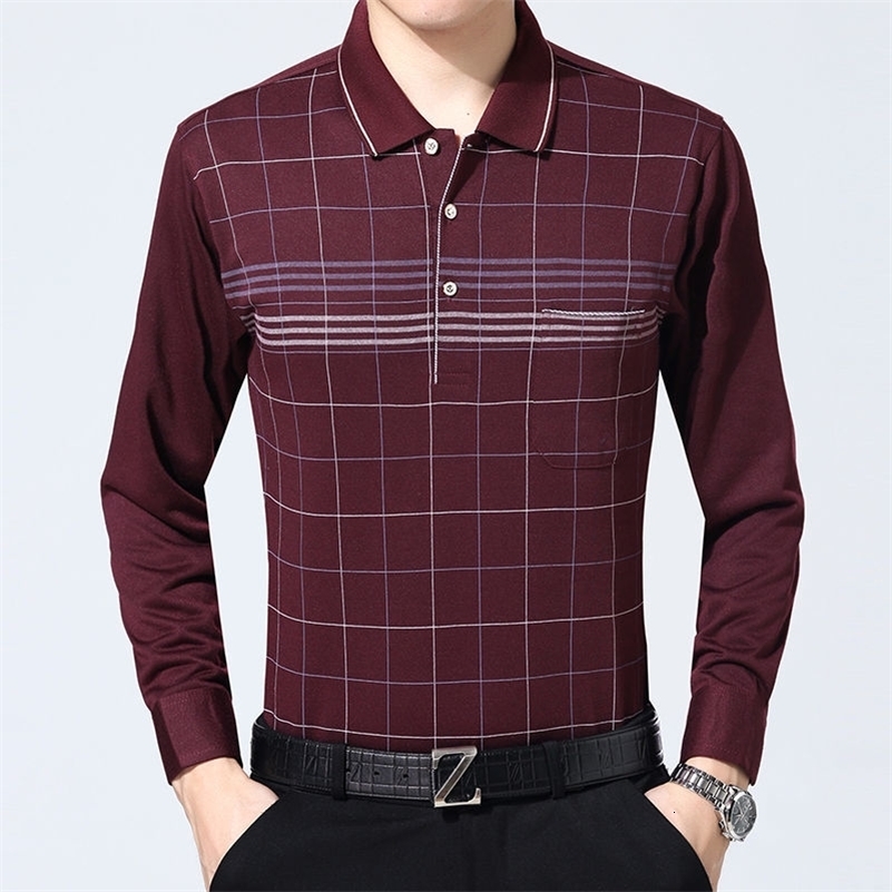 Spring Mens Clothing Lapel Plaid Printed Long Sleeve Thin Middle Aged and Elderly Spliced Pockets Business Casual Polo Shirt y240829
