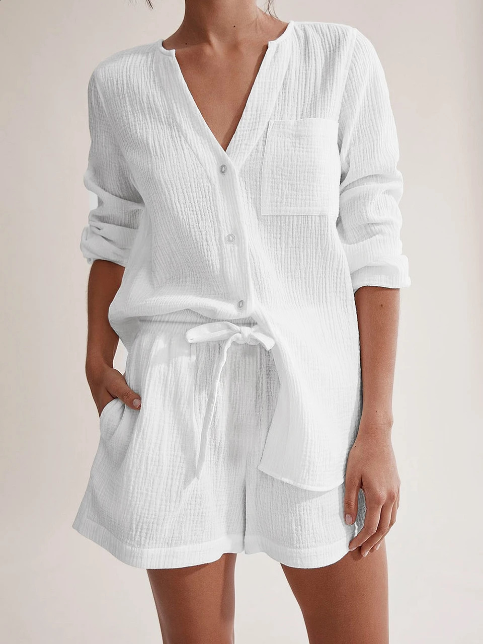 Ensemble de vêtements de sommeil d'automne 100% coton pur, y compris les shorts de vêtements de nuit Poches de sommeil simples pour femmes à poit