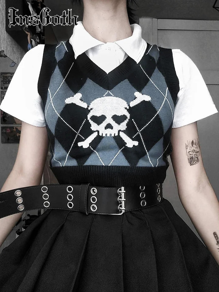 InsGoth Gothic Skull Printed Sweater Vest Harajuku Punk Sexy V-neck Sleeveless Collar Top Grunge Autumn Womens Knitted Top 240830