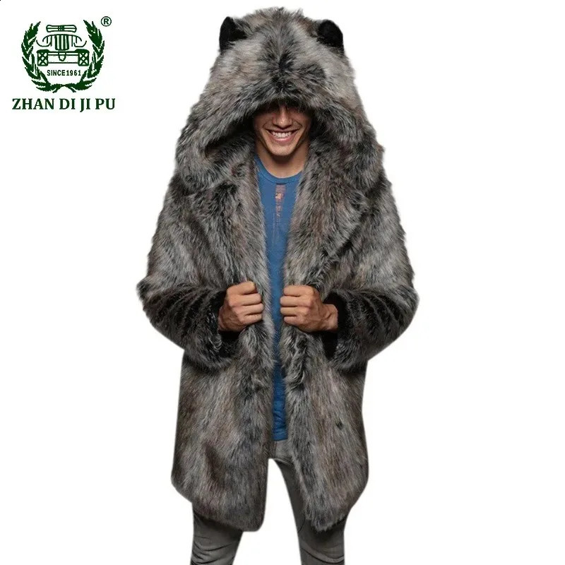 Winter Faux Fur Coat Men Hooded High Street Loose Casual Warm Long Jacket Windbreakers Mens Fake Fur Coat Overcoat Mens Clothing 240829