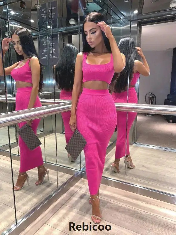 Two Piece Dress Summer Skinny Solid Strapless Knitted Dress Ribbed Crop Top And Sweater Dress Women Outfits Sets 240829