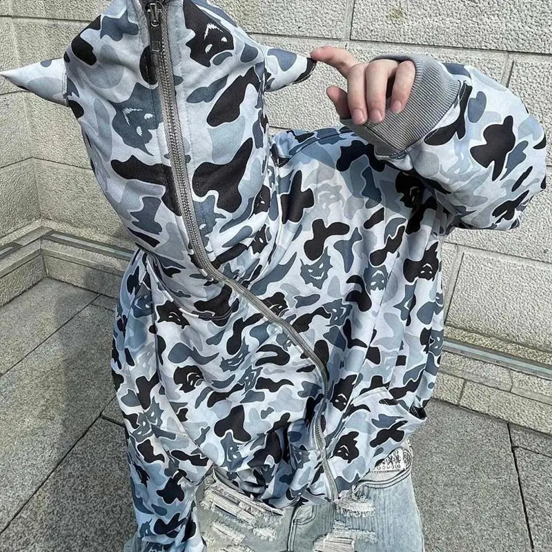 Hip Hop EMO Y2K Zip up hoodie Harajuku Graphic Print Rock Goth Street Clothes Punk Fashion Loose Retro Zipper Hoodie sweatshirt 240829