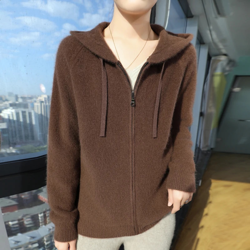 Autumn and winter womens 100% merino cardigan hooded collar solid color thickened loose casual fashion cashmere pullover. 240830