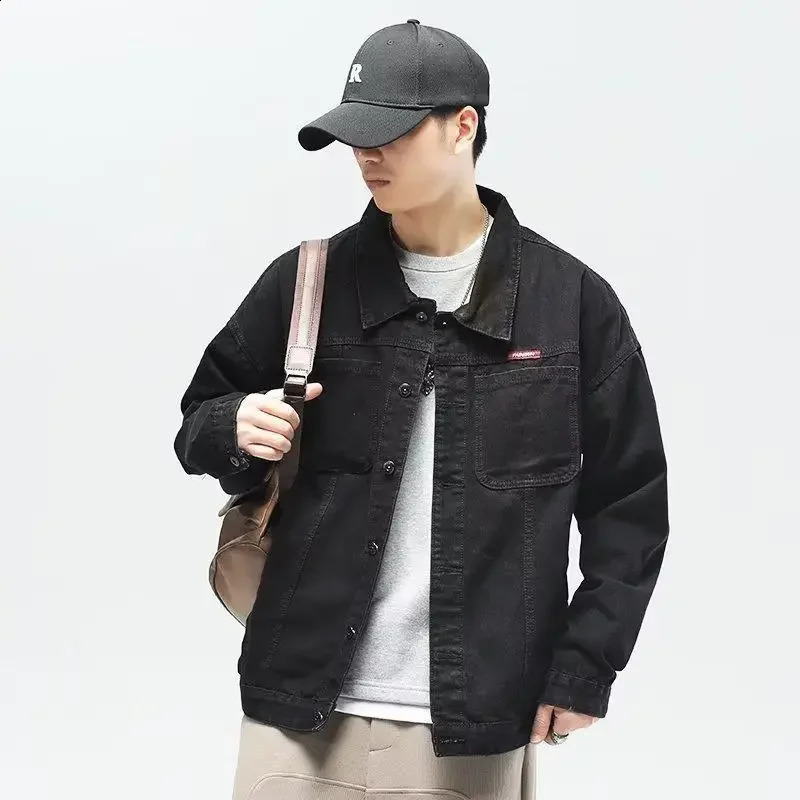 Black Loose-fit Denim Jacket For Men Style Versatile Lapel Casual Top Trendy Fashionable Jacket For Young Men Spring Autumn 240830