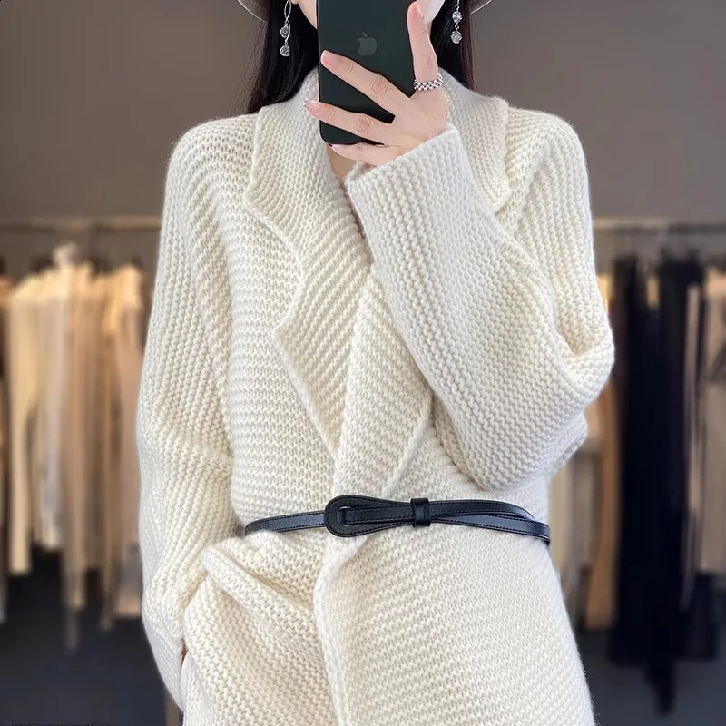 Women Clothes Cashmere Cardigan Winter Solid Thickened Knit Sweater Loose Simple Casual Thick Belt All-match Tunics 240830