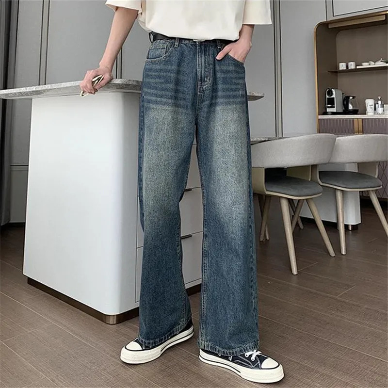 Blue High Street Fashion Jeans Mens Clothing Solid Color Wash Straight Leg Pants Button-pocket Loose Summer Trousers A054 240830