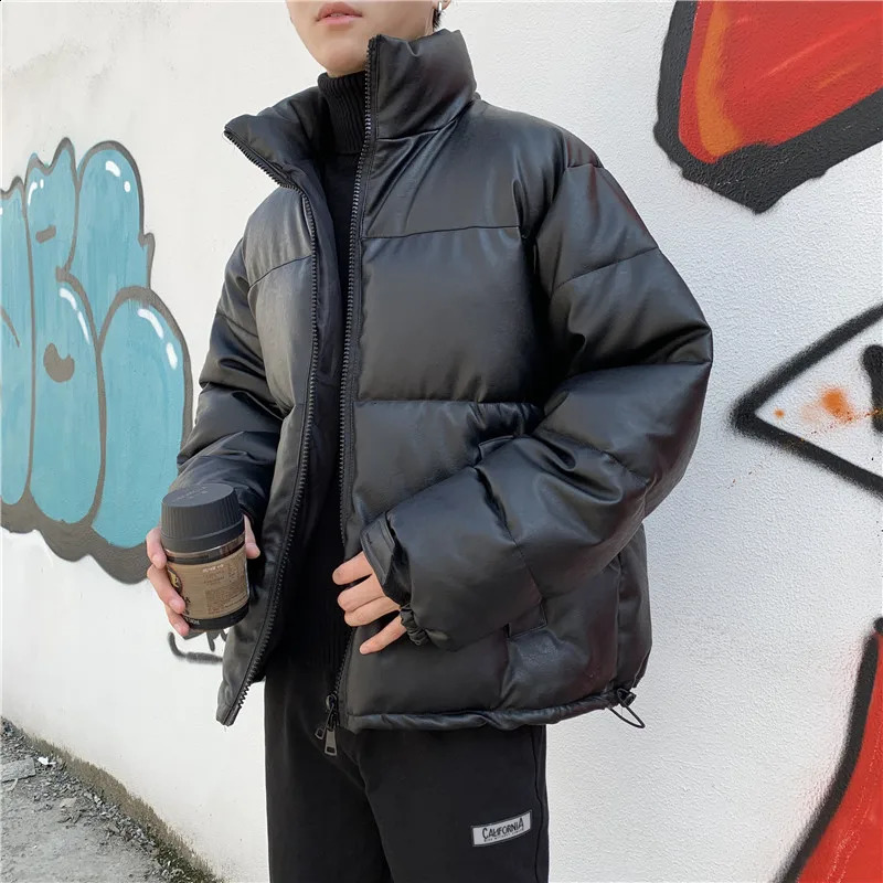 Winter Thicken Warm Windproof Faux Leather Mens Black Parkas Harajuku Fashion Oversized Cotton Padded Jackets Puffer Outerwear 240830
