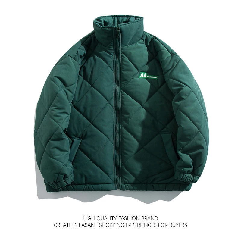 High Street Diamond Plaid Padded Coat Mens Hip Hop Loose Casual Handsome Parkas Preppy Thickened Standing Collar Zipper Jacket 240830
