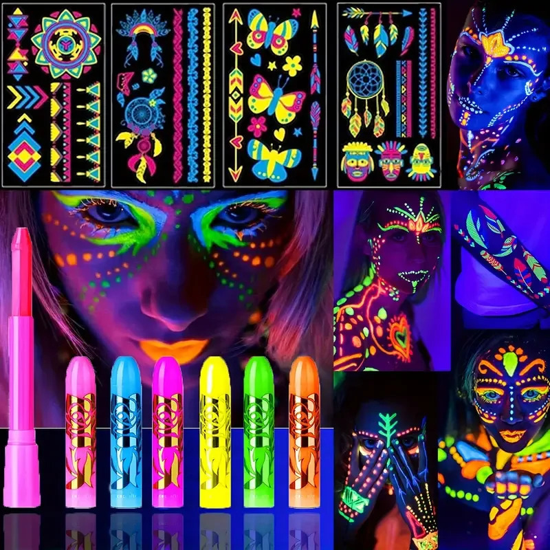 6-piece UV neon face paint kit with 4 glow in the dark stickers emitting light in the dark under UV light black light makeup face paint 240829