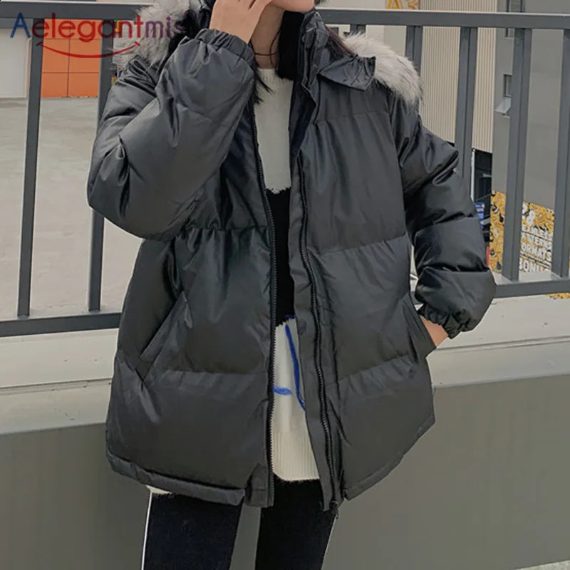 Aelegantmis PU Womens Parkas Coat Hooded With Fur Collar Loose Winter Thicken Warm Leather Jackets Female Y2k Casual Tops 240830