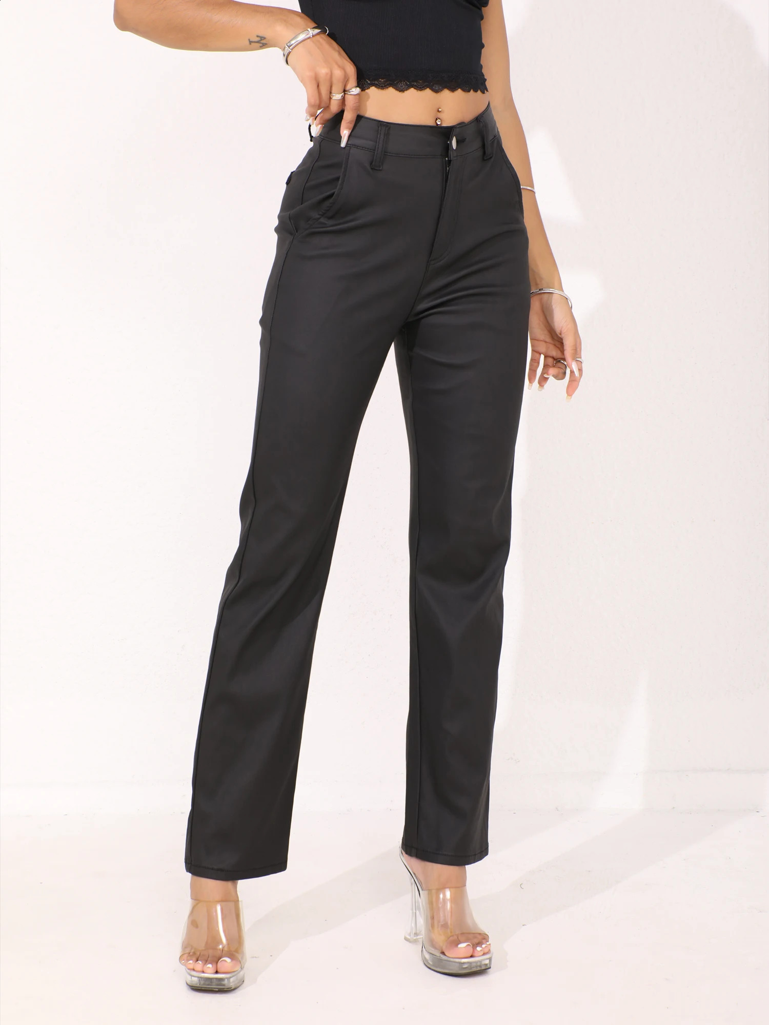 Womens black coated loose denim straight pants casual jeans fashionable casual mens clothing street style jeans 240830