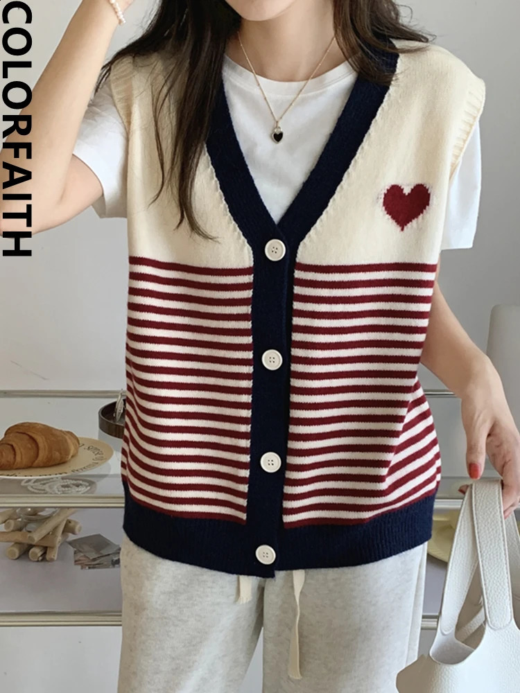 Colorfaith Fashion Korean Striped Waist Knitted Retro Sweater Womens Autumn Winter Wild Womens Tank Top SWV3528JX 240830
