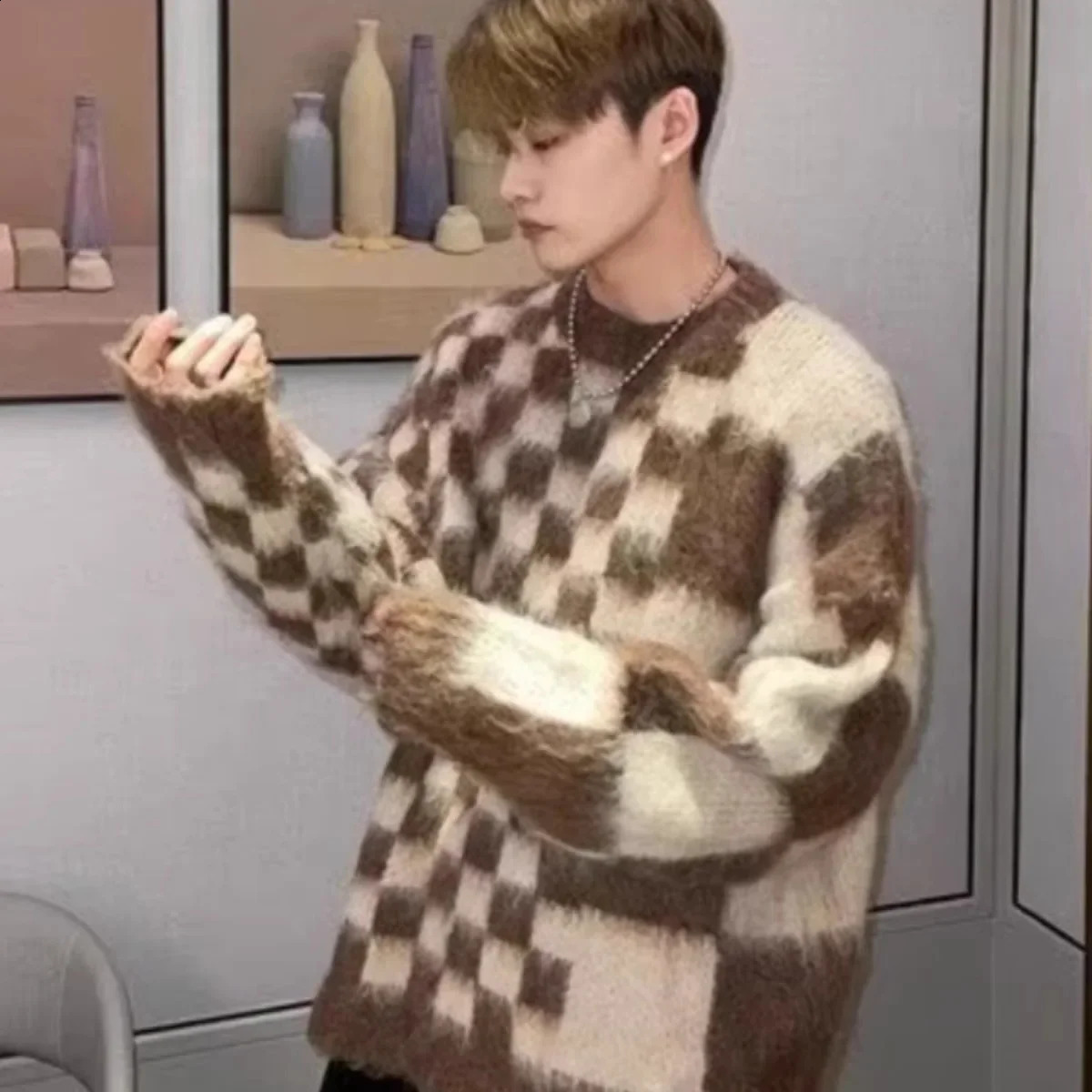 Brown Loosefit Pullover Plaid Sweater Mens Autumnwinter Thickened Inner Idle Style Outer Wear Knit Casual Top 240830