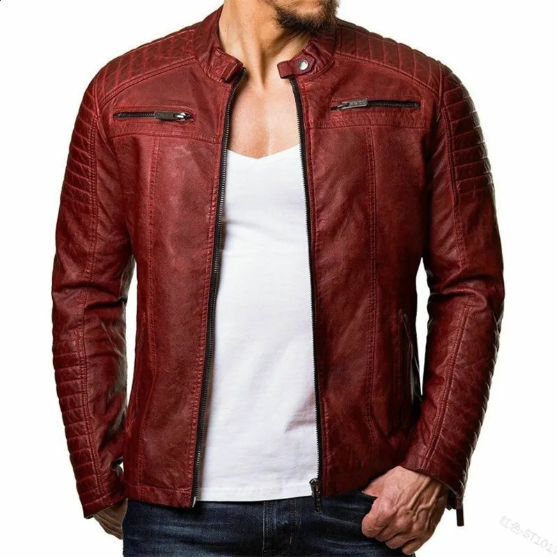 Mens Fashionable Leather Jacket European American Cotton Windproof Motorcycle Jacket PU Leather Stand Up Collar Zipper Clothing 240830