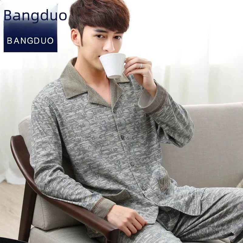 Mens 100% pure cotton long sleeved pajamas suitable for autumn and winter home jackets 240830