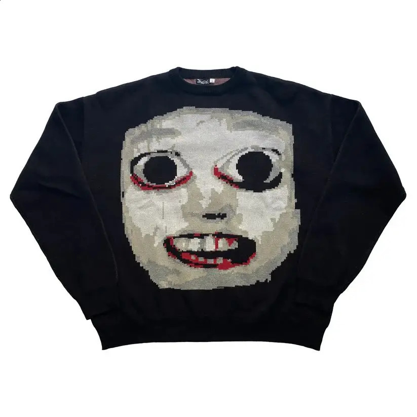 Men Casual Sweater Streetwear Knitted Retro Painting Anime Demon Hip Hop Graphic Vintage Pullover 240830