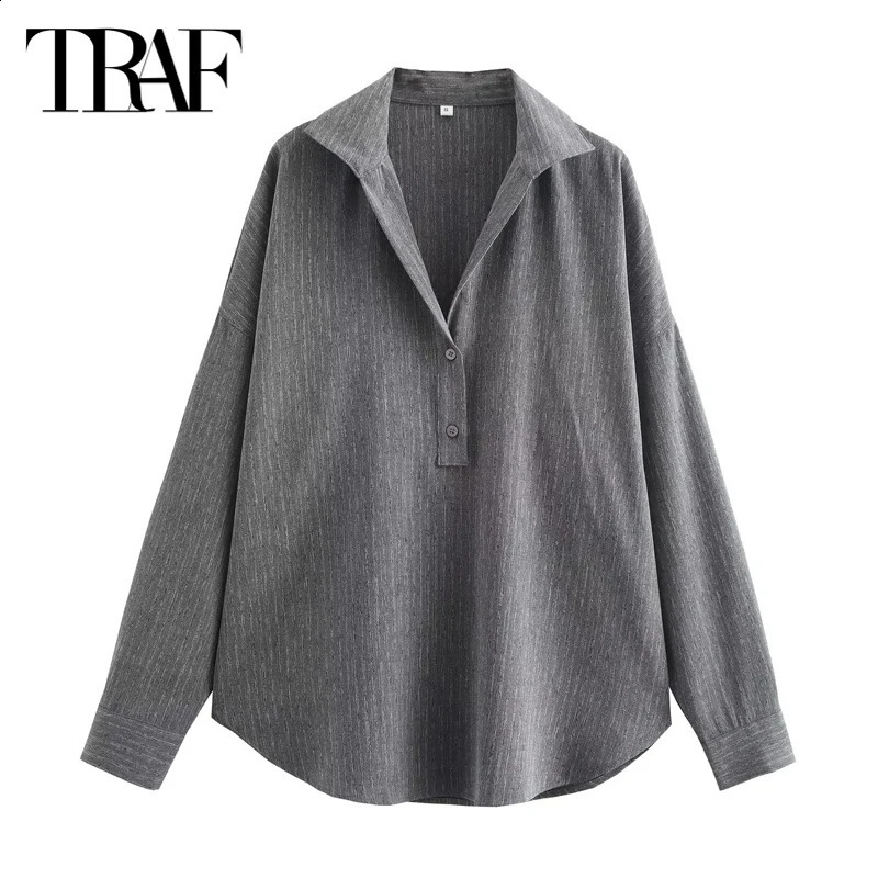 TRAF Womens Grey Top 2024 Spring Autumn Elegant Long Sleeve Striped Polo Shirts Ladies Fashion Casual Office For Women 240830