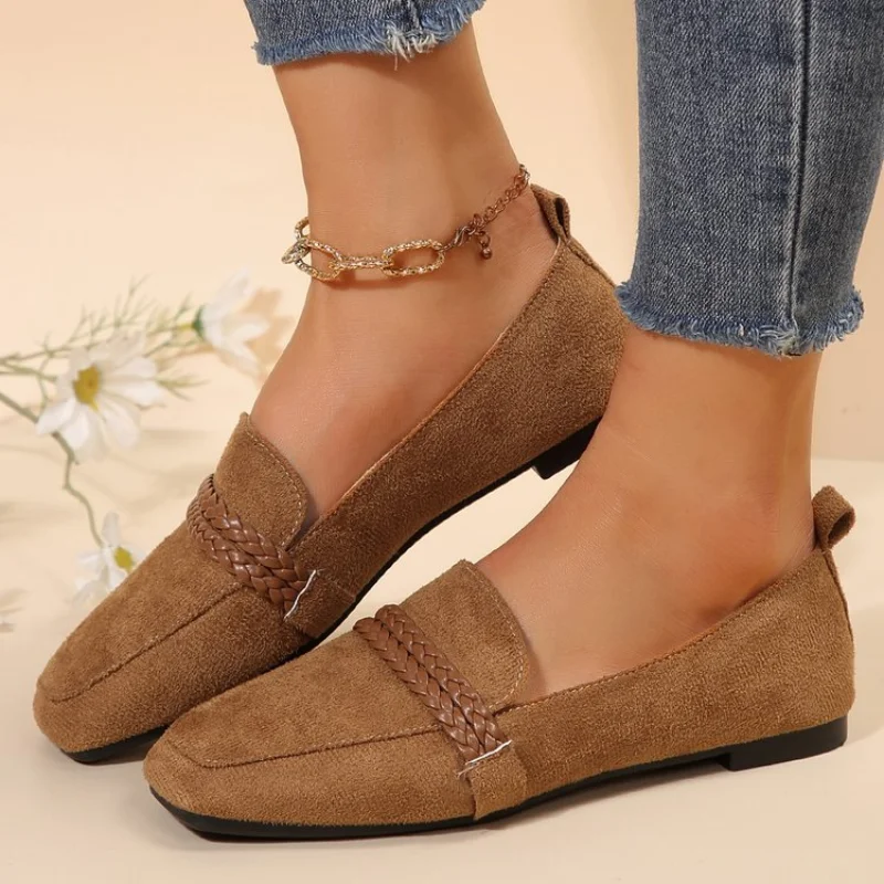 Women Suede Flats Loafers 2025 Spring New Square Toe Casual Walking Femme Fashion Rerto Dress Shoes Big Size 35 aa01