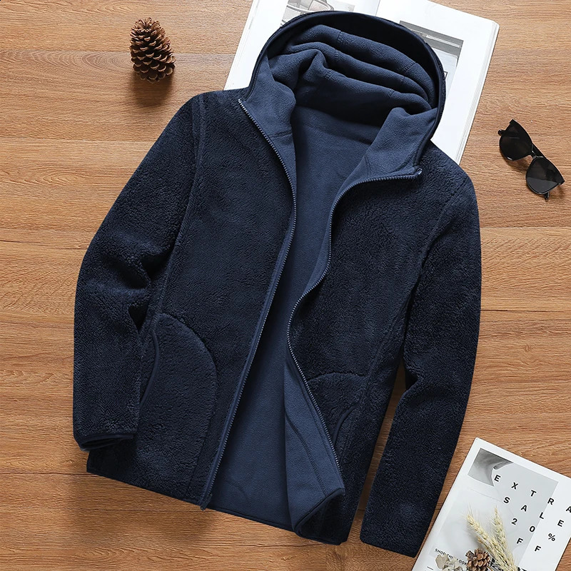 Winter Mens Polar Wool Jacket Hoodie Solid Outdoor Windproof Warm Soft Shell Wool Camping Jacket Mens Loose Park 240830