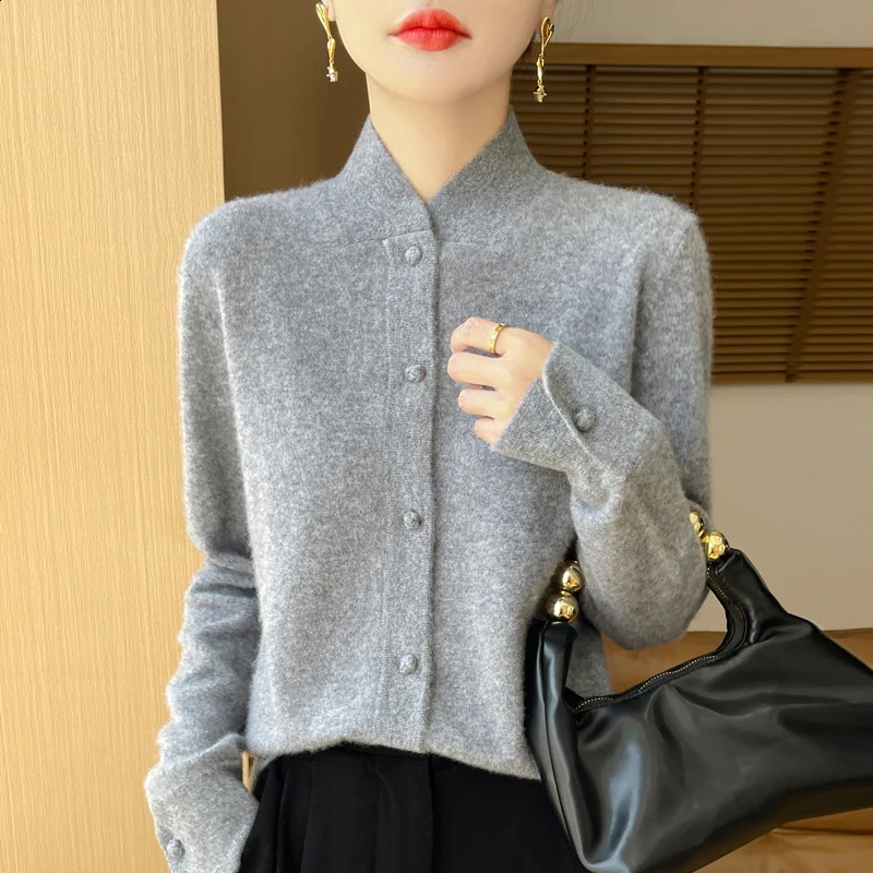 Chinese stand collar 100% Merino wool cardigan Autumn and winter vintage solid color sweater coat loose knit top 240830