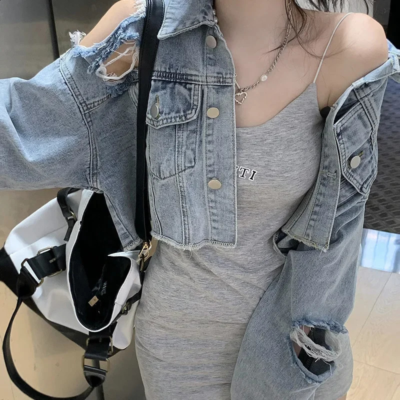 Blue Denim Jacket For Women Spring Autumn Style Tweed Cropped Slimming Versatile Top Clothing Womens Fashion 240830