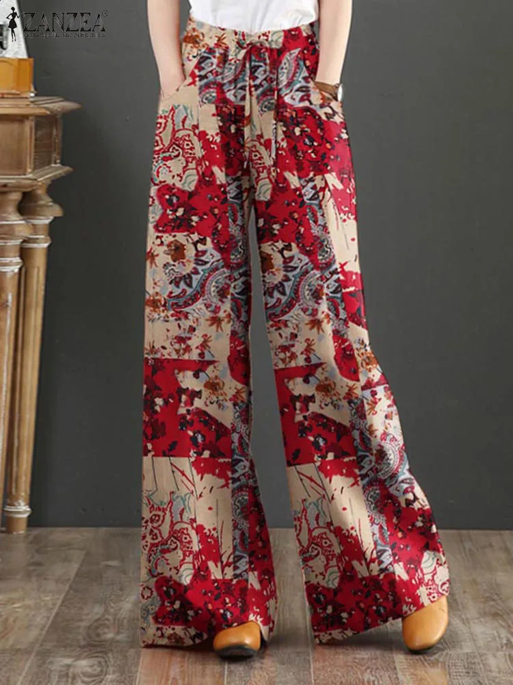 Bohemian Retro Pants ZANZEA Womens Wide Leg Trouser Summer High Waist Printed Pantalon Womens Elegant Work Palazzo Capris 240830