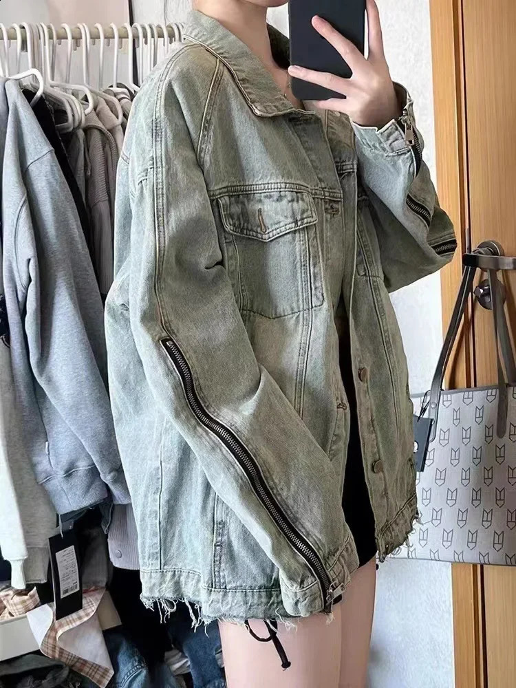 American Style Vintage Denim Jacket For Women Loose Fit Square Collar Spring Autumn Sensibility Niche Top Street Ins Trendy 240830