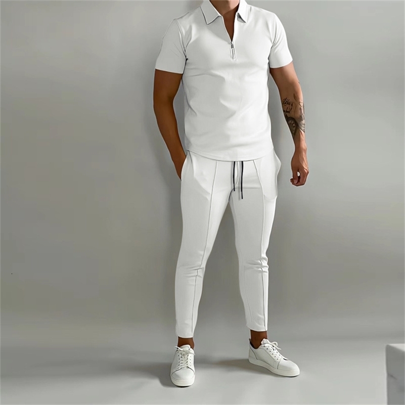 Summer Sports Two-piece Sets Mens Short Sleeve Zipper Lapel POLO Shirt Slim Fit Long Pants Daily Casual Male Suit 240830