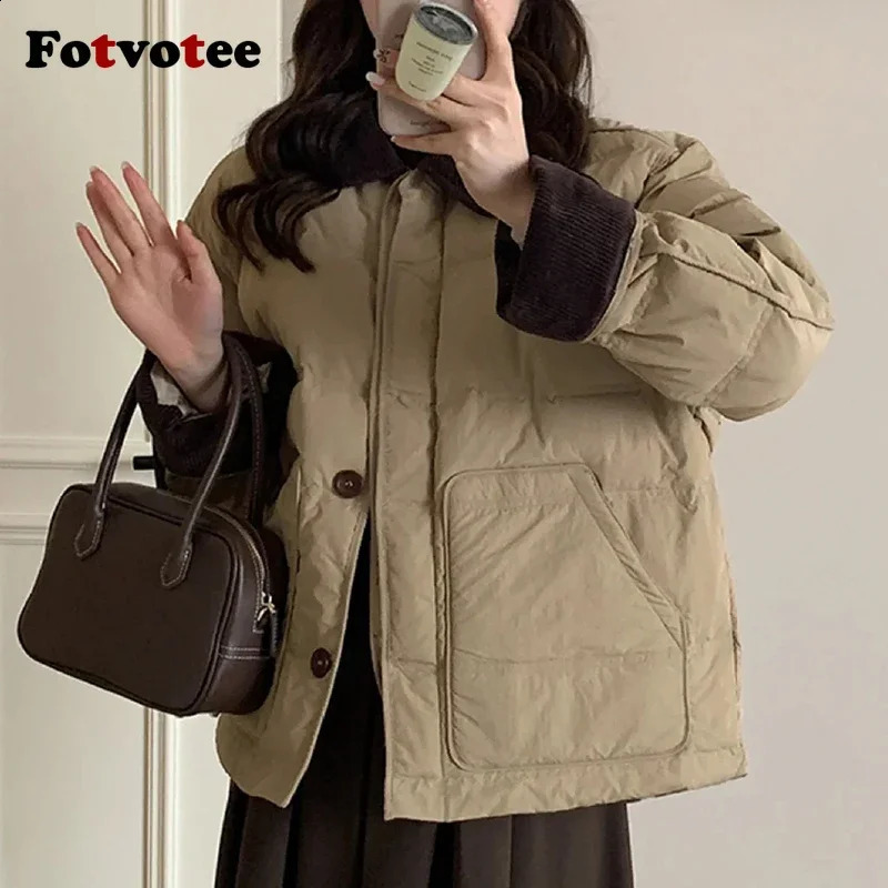 FOTVOTEE Parkas for Woman Single Breasted Pocket Long Sleeve Casual Jacket Winter Fashion Turn-down Collar Thermal Female Coat 240830