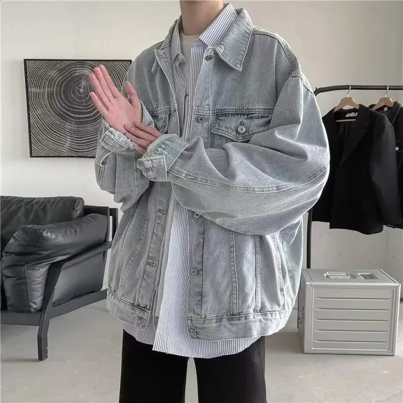 Trendy Denim Jacket For Men Casual Loose Fit Ins Distressed Vintage Work Clothes Hong Kong Style Versatile Top For Spring Autumn 240830