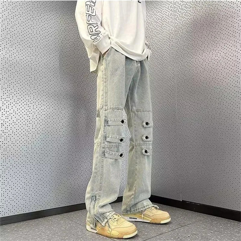 Jeans Mens Clothing Spring Autumn Cargo Straight Pants Solid Color Splicing Zipper Button Pocket Loose Trousers A039 240830