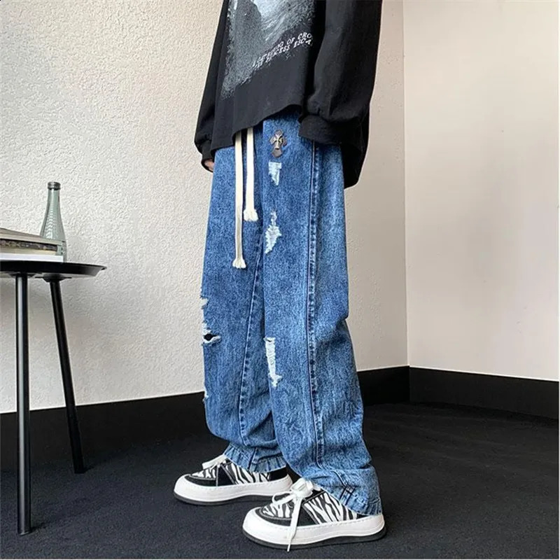 High Street Ripped Jeans Mens Clothing Wash Elastic Waist Straight Pants Drawstring Pocket Y2K Trousers Loose A034 240830