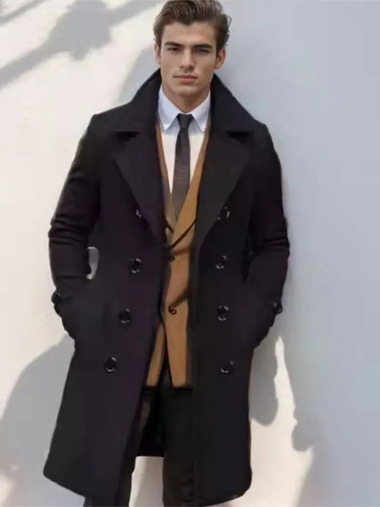 Trendy Mens Woolen Coat Fashion Lapel Double Breasted Midi Trench Male Classic Street Thicken Warm Long Sleeve Jacket 240830