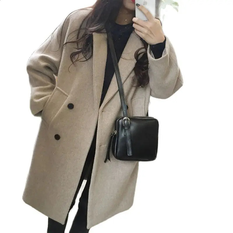 Woolen Coat 2023 Womens Autumn Winter Jacket MidLength Blended Loose Wool Double Breasted Casual Korean Version Outerwear 240830