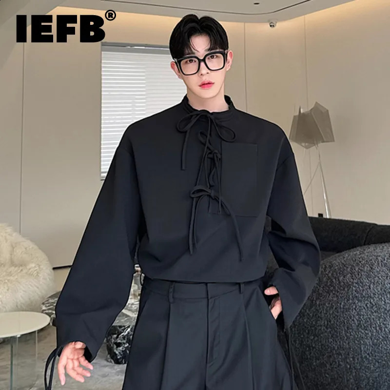 IEFB Mens Casual Sweatshirts Round Neck Long Sleeve Lace-up Loose Male Pullover Tops Stylish Summer 9C6199 240830