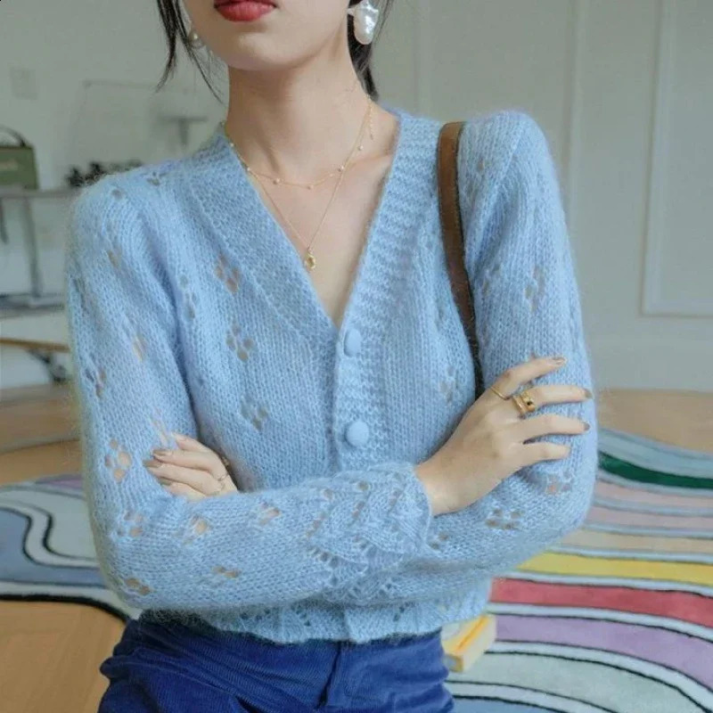Pink Mesh Ladies Sweaters Cardigan Crop Short Blue V-neck Knitted Top for Women Winter Button Cute Kawaii Cashmere Trend 240830
