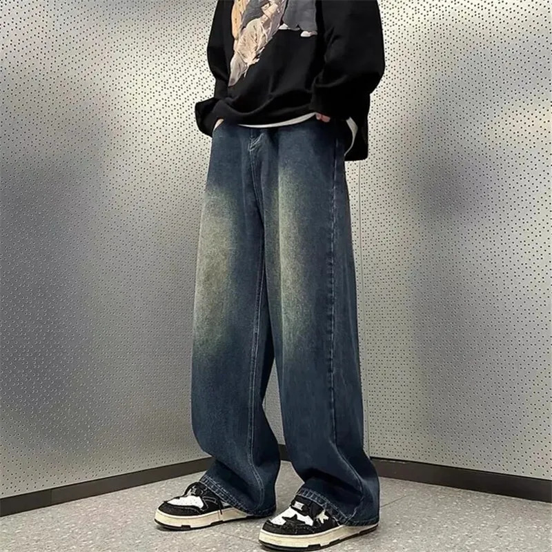 Jeans Mens Clothing Spring and Autumn Solid Color Wash Straight Leg Pants Loose Button Pocket Vintage Trousers A004 240830