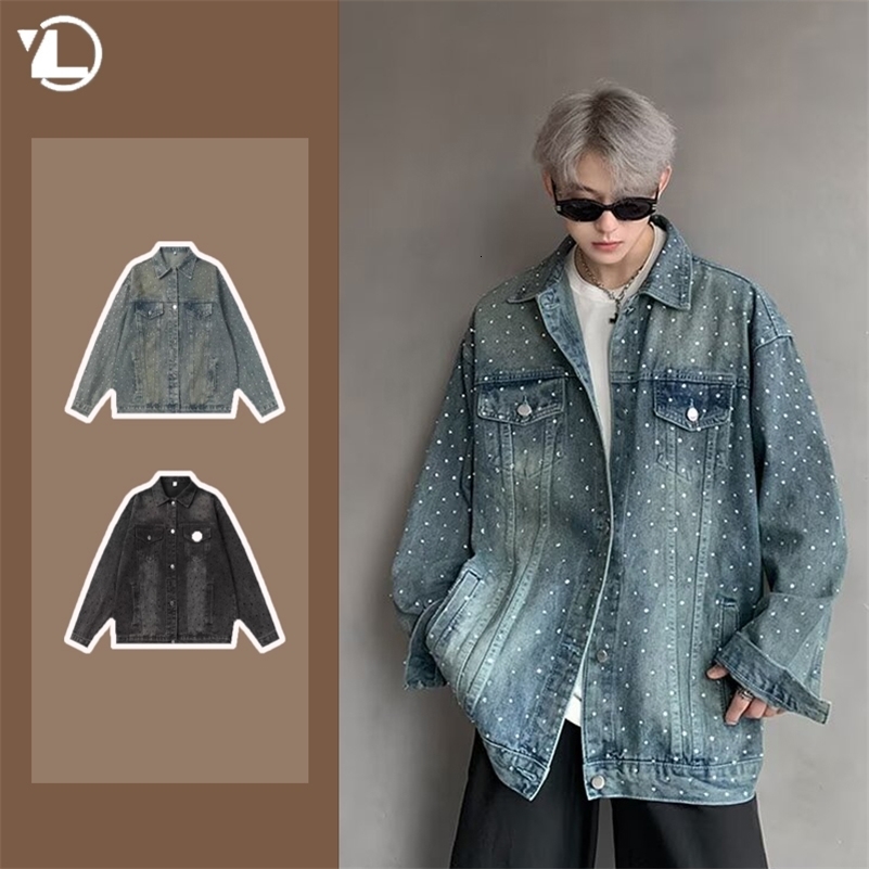 American Trendy Denim Jacket Mens Make Old Flash Diamond Fashion Outwear Spring Single-breasted Street Couple Cowboy Coats 240830