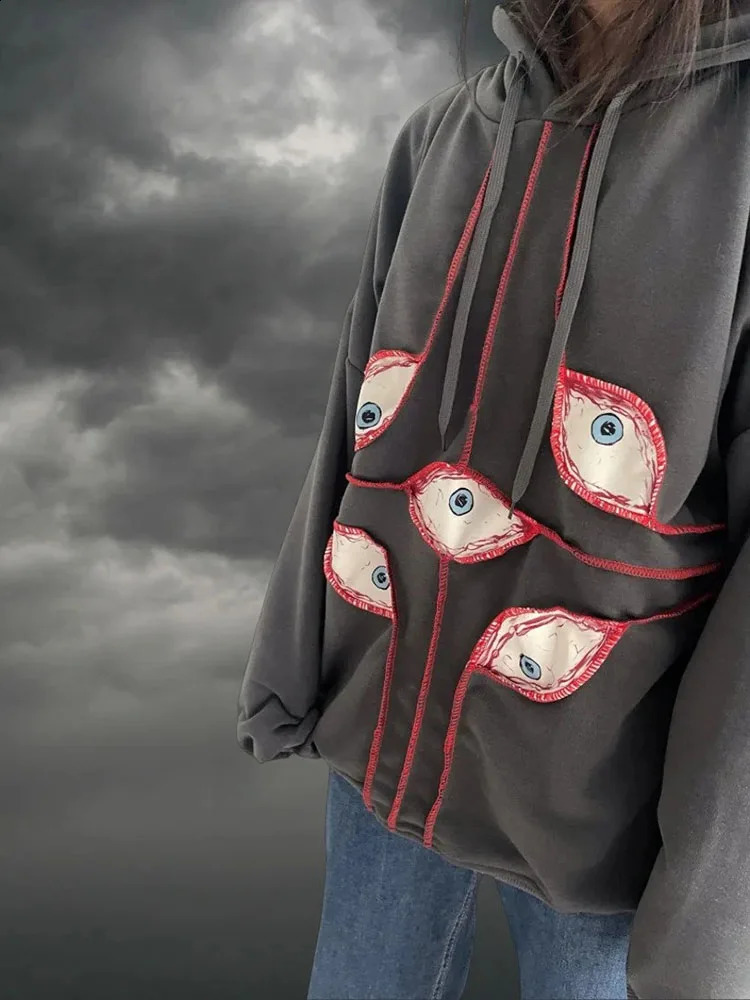 Harajuku Devils Eye Embroidered Hoodie Womens American Retro Street Y2k Sweater Gothic Punk Loose 240601Z