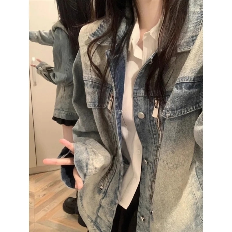 Vintage Denim Jacket For Women Loose Fit Versatile Shoulder Clip Top Spring Style American Style Thin Denim Jacket 240830