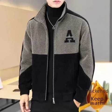 Spring and autumn mens high-end color building block fashionable stand up collar splicing casual thick top trendy jacket 240830