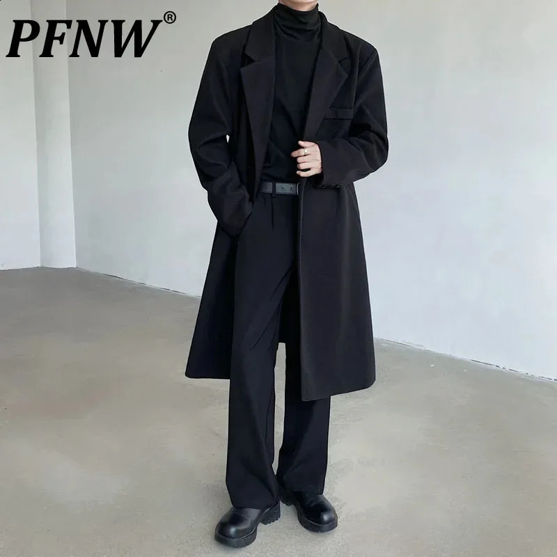 PFNW Korean Style Mens Woolen Coat Tailored Collar Solid Color Double Breasted Long Autumn Male Windbreaker Simple 12C971 240830