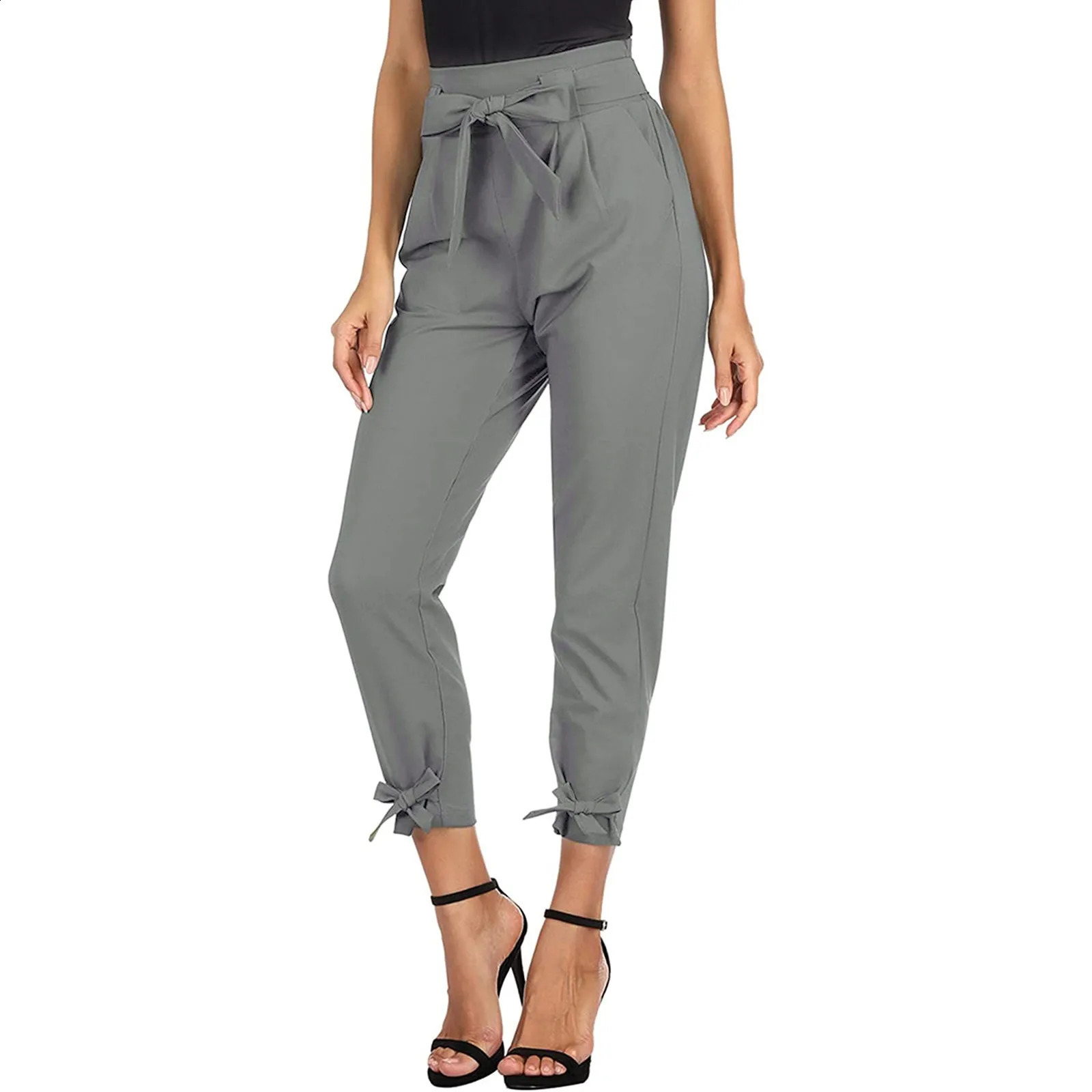 Fashionable womens solid color high waisted bow with elastic pencil pants Trouser waist bow with elastic slim pencil pants 240830