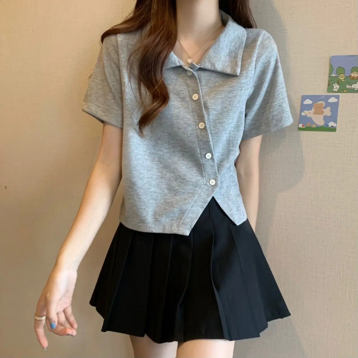Preppy Style Sweet Summer TShirts Womens Solid Polo Collar Single Breasted Irregular Fashion Casual Slim Short Sleeve Tops 240830