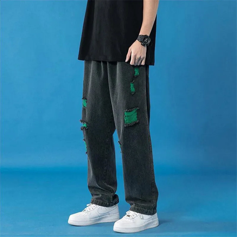 Spring Summer Jeans Mens Clothing Ripped Wide Leg Pants Elastic Waist Drawstring Pocket Loose Trousers A010 240830