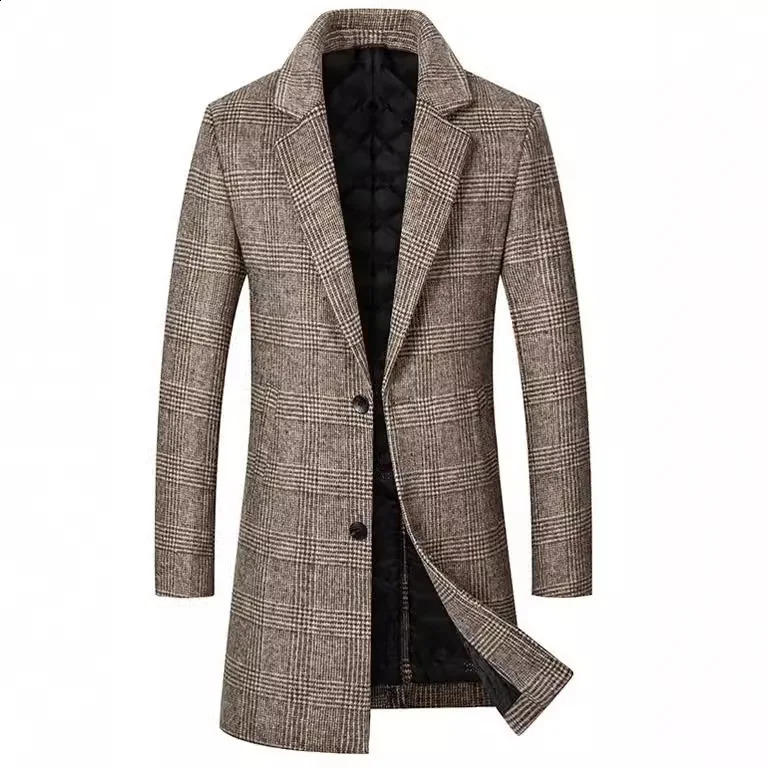 2024 Style Thickened CottonPadded Plaid Wool Coat Men MidLong Windbreaker Slim Fit Lapel Outerwear for Autumn and Winter 240830