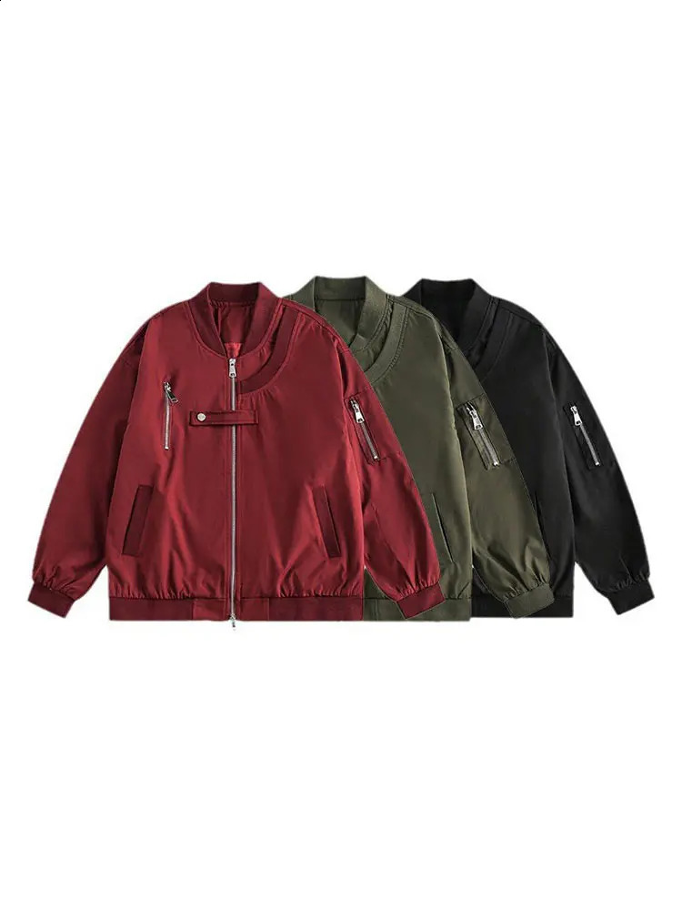 American Retro Stand Collar Baseball Jacket Male Casual Loose Long Sleeve Zipper Bomber Jacket Street Men Zipper Pilot Coat 240830