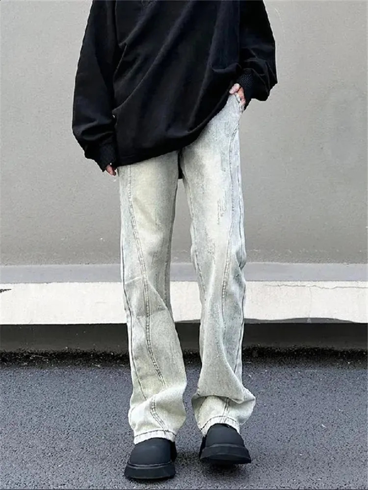 Jeans Mens Clothing Spring Autumn Light Blue Wash Through Pants Solid Color Button Pocket High Street Y2K Trousers A035 240830